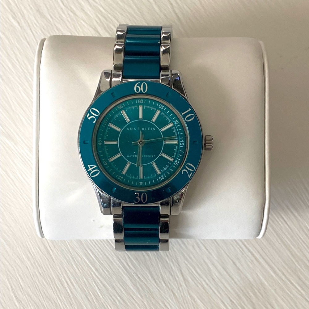 Anne Klein Teal Blue Dial & Enamel Link Silver Tone Sport Bracelet Watch - Picture 3 of 16